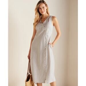 Soft Surroundings Tan Chasia Hemp/Cotton Midi Dress Mother Of Pearl Buttons M